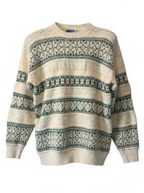 Vintage Cream Semi Open Knit Pullover Sweater Hearts Snowflakes Longline